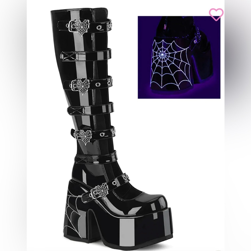 Native Shiny Black Platform Boots with Spider Web Accents